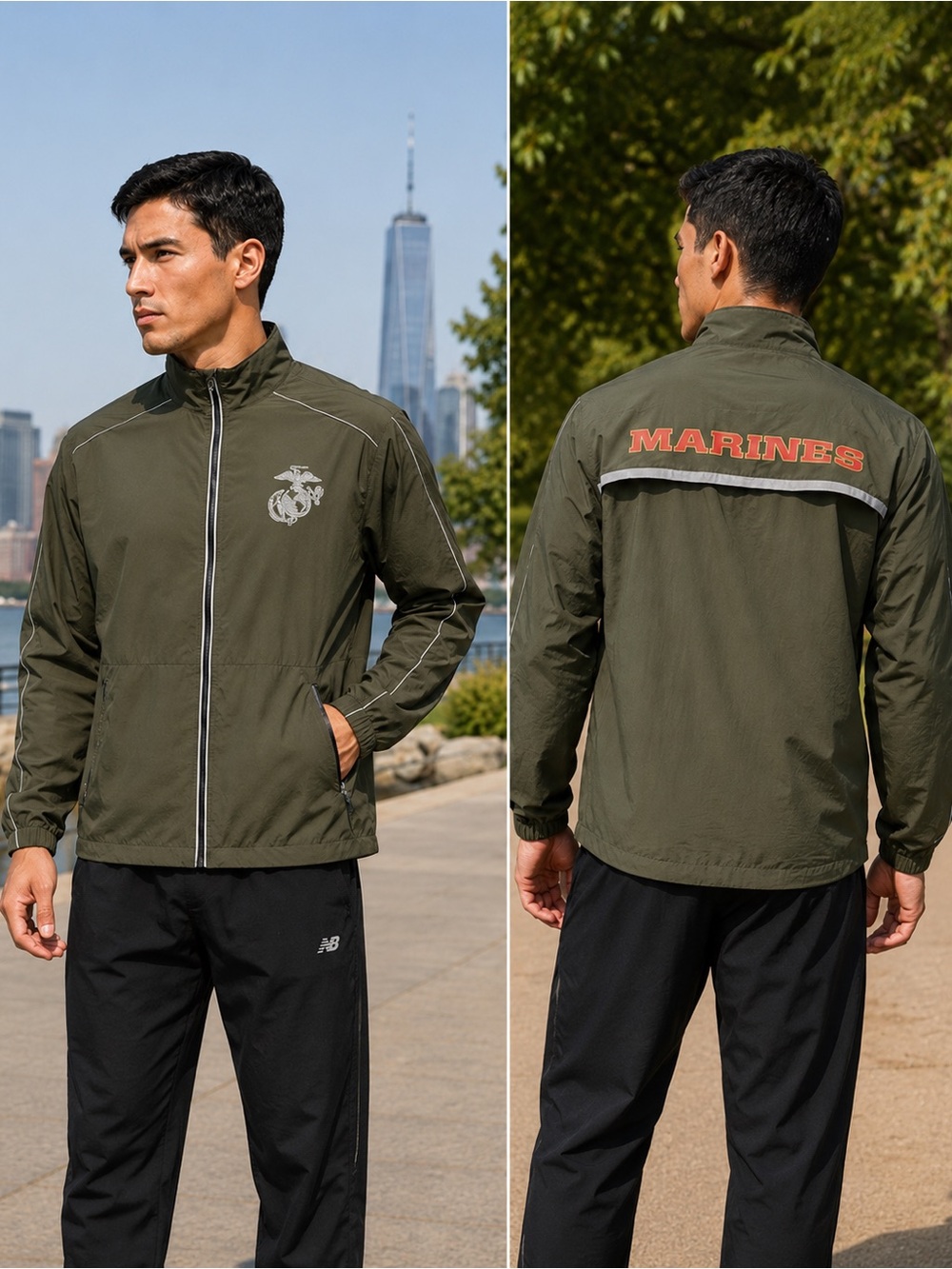 NEW BALANCE Green USMC Marines Training Running Jacket Windbreaker Athletic
